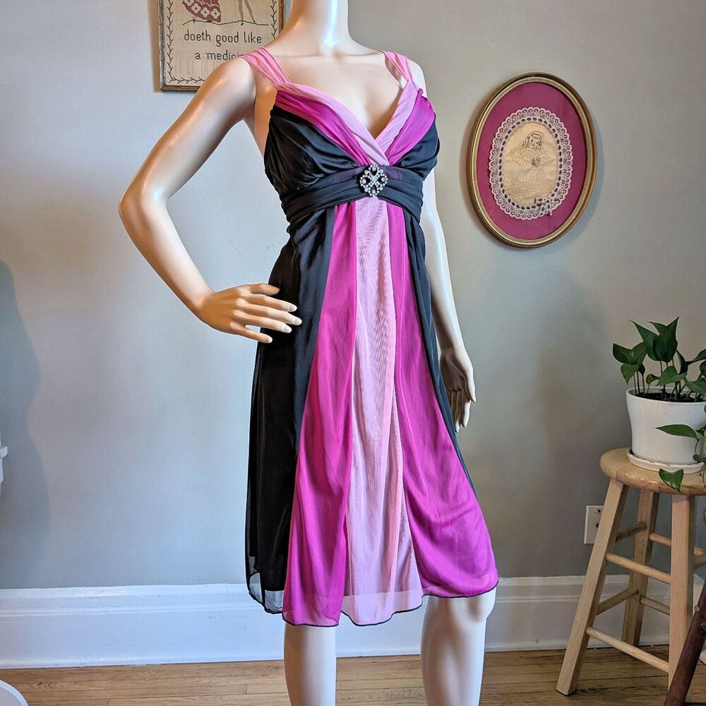 Vintage Y2K Trixxi Mini Dress Mesh Overlay Stripes Rhinestone Whimsigoth Size XL